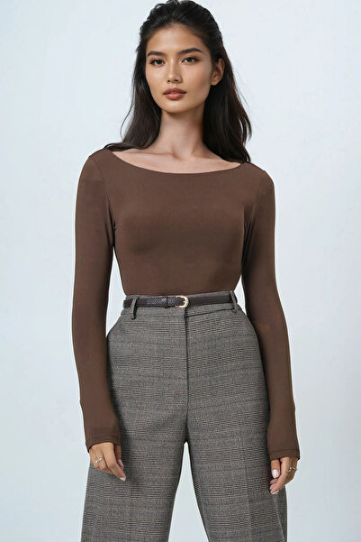 Trend Alaçatı Stili Women's Brown Boat Neck Basic Blouse Alc-X14395