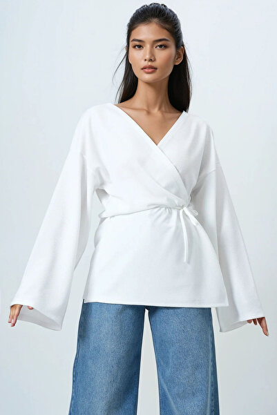 Trend Alaçatı Stili Damen-Cardigan in Ecru mit zweireihigem Schnitt, V-Ausschnitt und Schnürdetail Alc-X14410