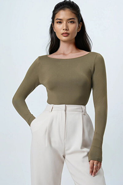 Trend Alaçatı Stili Women's Khaki Boat Neck Basic Blouse Alc-X14395