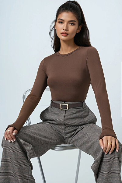 Trend Alaçatı Stili Women's Bitter Brown Crew Neck Basic Blouse Alc-X14389