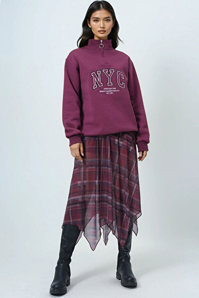 Trend Alaçatı Stili Women's Burgundy Mock Neck Zippered Embroidered Oversized 3 Thread Inside Sha Fleece-Lined Nisex Sweatshirt Alc-X12502