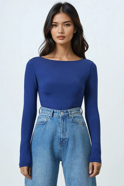 Trend Alaçatı Stili Women's Navy Blue Boat Neck Basic Blouse Alc-X14395