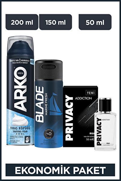 Arko Men Cool Tıraş Köpüğü+Privacy Men Addiction Edt Parfüm+Blade Marine Fres...