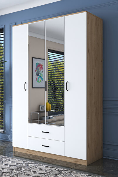 Rani Mobilya Rani BA131 Geniş Gardırop Elbise Dolabı Aynalı Kapaklı 2 Çekmeceli 13 Raflı Sepet Ceviz - Beyaz