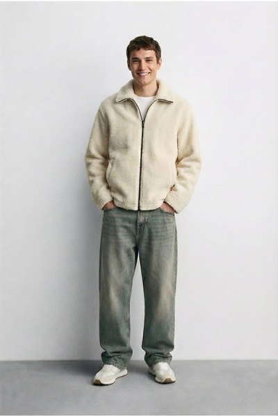 ablukaonline Ανδρικό βελούδινο μπουφάν σε μπεζ χρώμα Oversize - Stand Collar