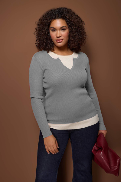 Trendyol Curve Wardrobe Essentials Gray Double Layer Look Corded Fabric Knitwear Sweater Tbbaw26An00017