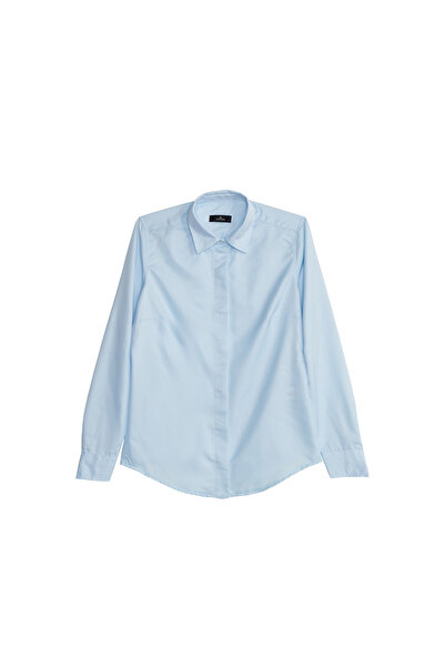 Tudors Cămașă de bază albastră pentru femei, slim fit, cu mânecă lungă, cu detaliu de nasturi ascunși