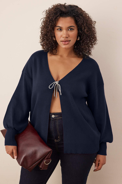 Trendyol Curve Navy Blue Bow/Ribbon Detailed Knitwear Cardigan Tbbaw26Av00011