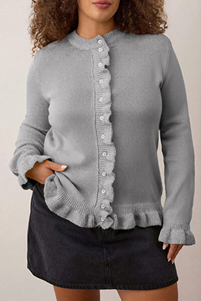 Trendyol Curve Light Gray Button & Flywheel Detailed Soft Textured Knitwear Cardigan Tbbaw26Av00031