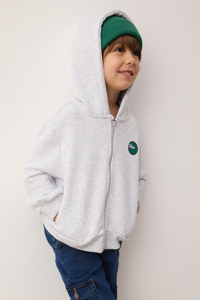 TRENDYOLKIDS Kar Melange Cotton με τύπωμα με κουκούλα Πλεκτή ζακέτα με φερμουάρ για αγόρια κανονικού μεγέθους TKDAW26SW00032