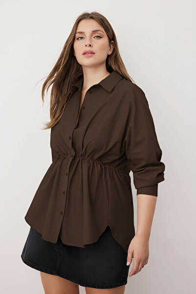 Trendyol Curve Καφέ πουκάμισο με μακρύ μανίκι με κορδόνι περίσφιξης TBBAW26AX00000