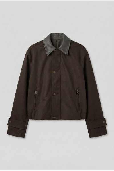 ablukaonline Men's Boxy Fit Wide Cut Contrast Collar Premium Jacket Brown