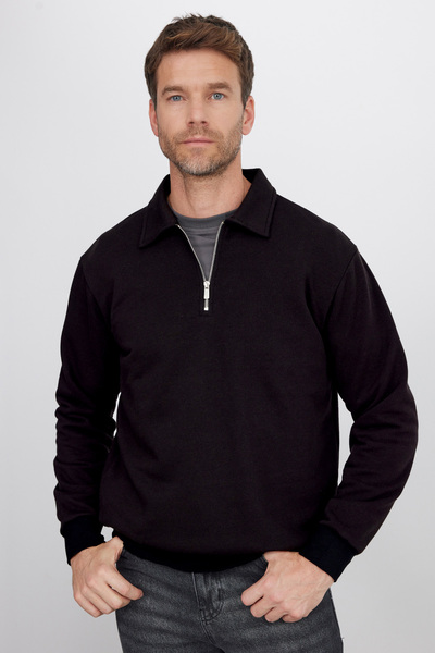 Tudors Men's Relax Fit Comfortable Cut Cotton 3 Thread Zippered Polo Neck Black Sweatshirt