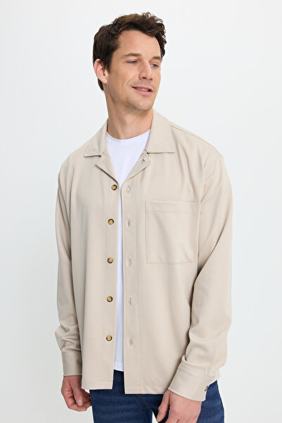 Tudors Men's Relax Fit Comfortable Cut Long Sleeve Plain Knitted Fabric Side Slit Beige Shirt