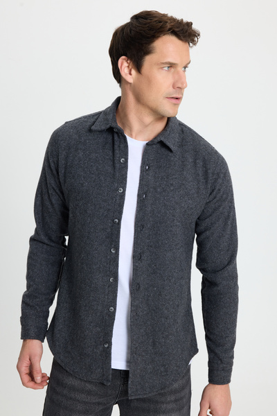 Tudors Men's Slim Fit Slim Fit Long Sleeve Solid Winter Lumberjack Dark Gray Shirt