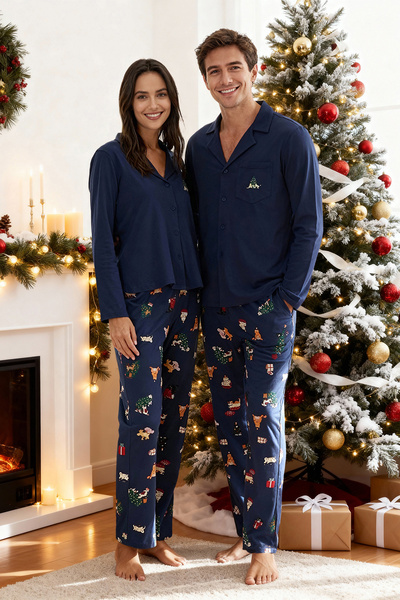 Trendyol Collection Navy Blue Regular Fit New Year's Patterned Couple Knitted Pajama Set