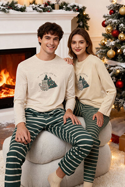 Trendyol Collection Σετ χριστουγεννιάτικων πιτζάμες μπεζ ριγέ κανονική εφαρμογή για άνδρες και γυναίκες - TMNAW25PT00045