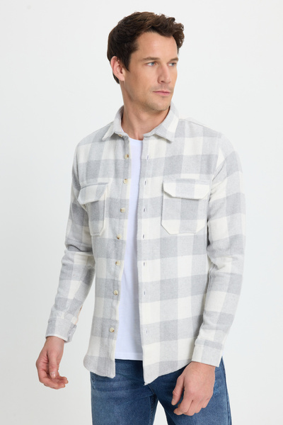 Tudors Pánská slim fit úzká košile s dlouhým rukávem, kapucí, dvojitými kapsami a kostkovaným vzorem na zimu.