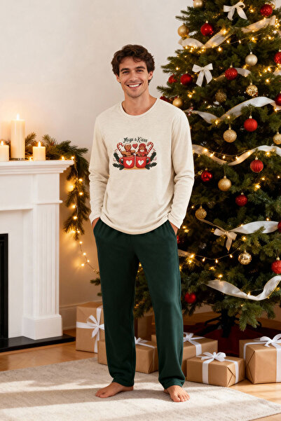 Trendyol Collection Béžová tištěná pletená párová/párová pyžamová souprava TMNAW25PT00046