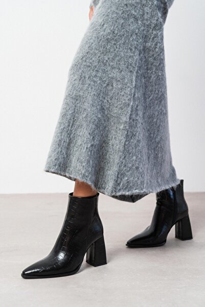 NİŞANTAŞI SHOES Juanita fekete mintás - cipzáras női sarkú csizma