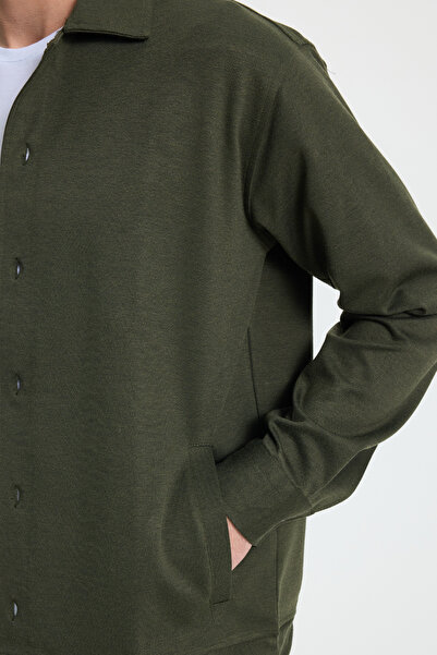 Tudors Men's Relax Fit Comfortable Cut Buttoned Side Pocket Knitted Dark Green Jacket Shirt