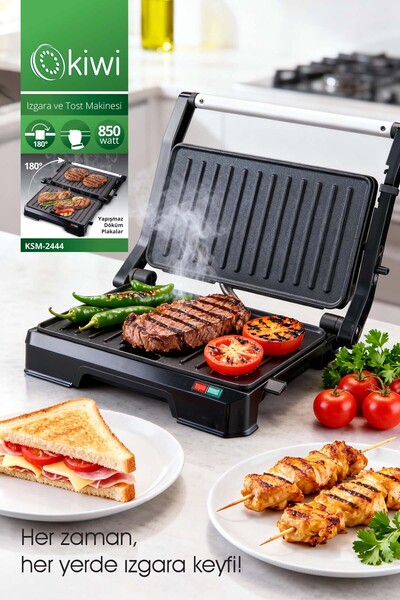 Kiwi Ksm-2444 Paslanmaz Çelik Gövdeli 180 Derece Açılabilen Izgara ve Tost Makinesi