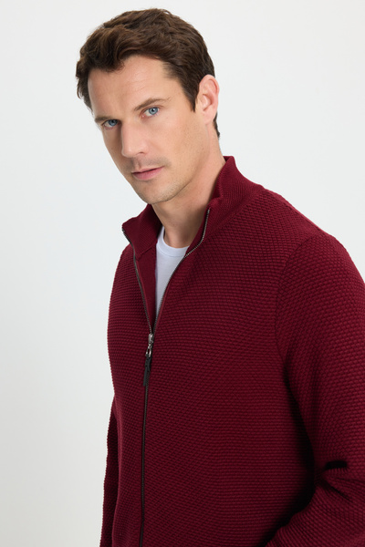 Tudors Men's Standard Fit Regular Cut Patterned Half Turtleneck Zippered Claret Red Cardigan