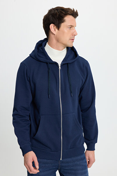 Tudors Unisex Relax Fit Comfortable Cut Cotton Fleece Inside Double Pockets Full Zipper Navy Blue K Hooded Sweatsh
