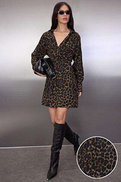 Trendyol Collection Brown Animal Print Double Breasted Collar Short / Mini Woven Dress Twoaw26El00343