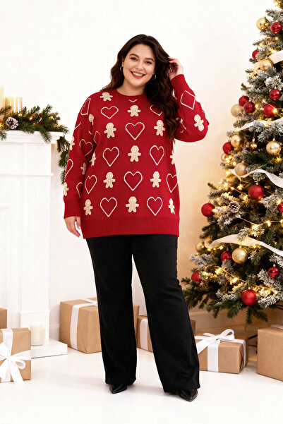 Trendyol Curve Piros süti és szív mintás újévi témájú kötöttáru pulóver TBBAW26AN00041