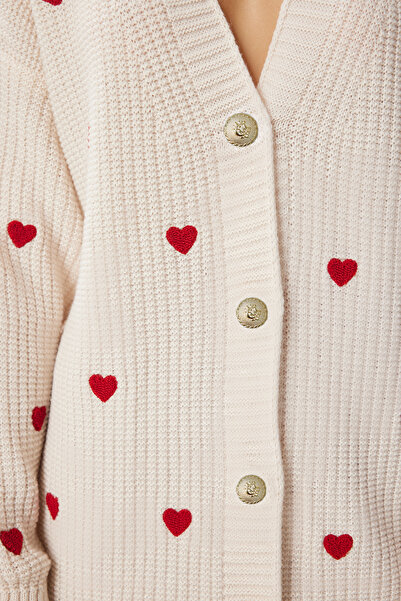 Happiness İstanbul Γυναικεία Κρεμ Καρδιά με υφή μακριά πλεκτή ζακέτα KG00012