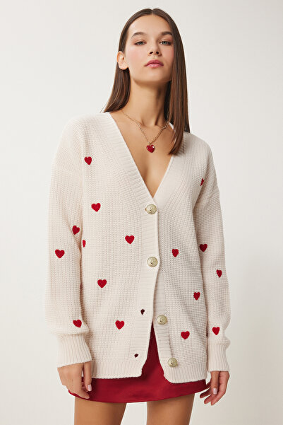Happiness İstanbul Γυναικεία Κρεμ Καρδιά με υφή μακριά πλεκτή ζακέτα KG00012