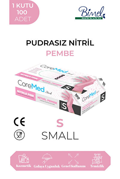 COREMED Toz Pembe Nitril Muayene Eldiveni Pudrasız 100’lük Kutu - Small