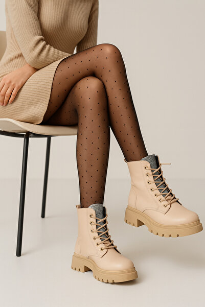 Beyond Γυναικείες Μπότες Μπεζ Beatrice Stone Δερμάτινες 4cm BYNDBTR01