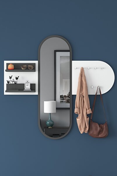 Rani Mobilya Rani P3 Aynalı Duvar Askısı Boy Aynası Antrasit - Beyaz Vestiyer