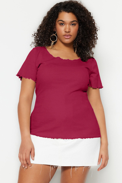 Trendyol Curve Plum Ribbed Pool Neck Knitted Plus Size Blouse Tbbss23Bf00010