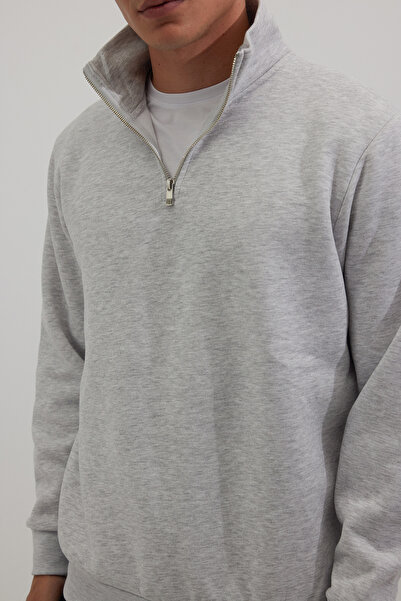 Tudors Φούτερ Unisex Relax Fit Relaxed Cut Cotton Fleece με μισό φερμουάρ γκρι όρθιο γιακά