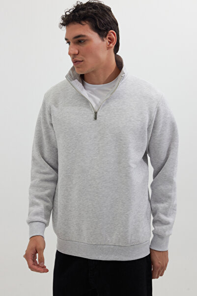 Tudors Φούτερ Unisex Relax Fit Relaxed Cut Cotton Fleece με μισό φερμουάρ γκρι όρθιο γιακά