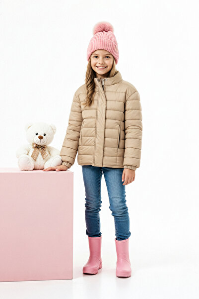 TRENDYOLKIDS Gold Solid/Basic Thick Stand Collar Regular Girls' Coat Tkdaw26Mo00015