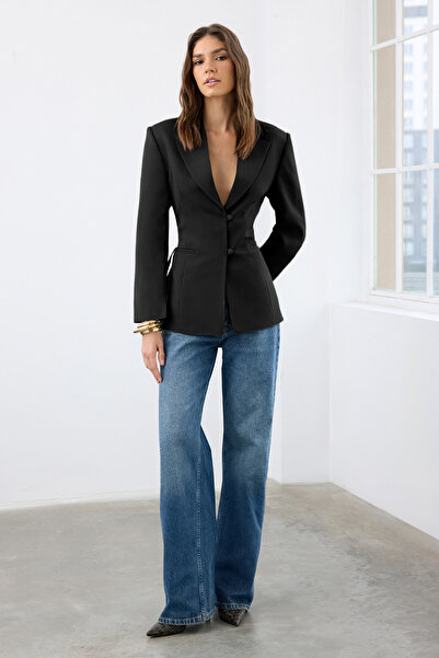 Trendyol Collection Black Fitted/Waist-Fitted Woven Blazer Jacket with Tie-Up Detail at the Back Twoaw26Bc00032
