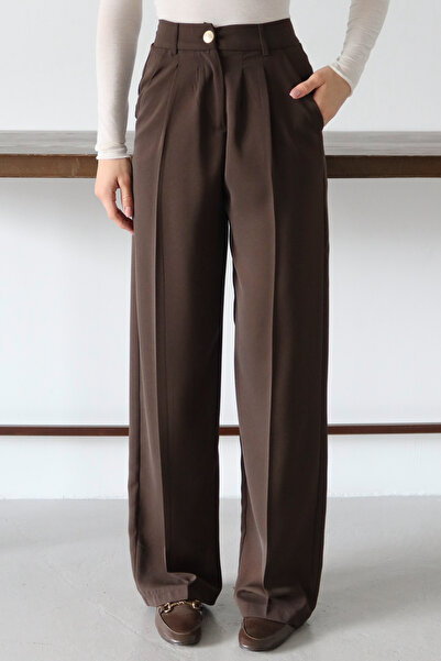Trendyol Collection Σκούρο καφέ υψηλόμεσο παντελόνι με φαρδύ πόδι TWOAW26PL00161