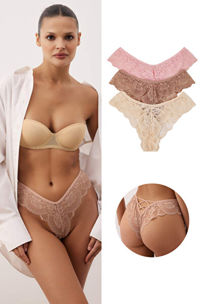 Trendyol Collection Brown-Tan-Pink 3-Pack Lace Brazilian Knitted Panties Thmaw26Ku00019