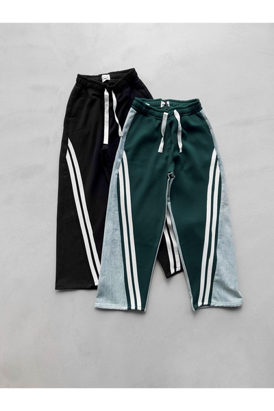 ablukaonline Πράσινο ανδρικό Duo Jean - με φαρδιά εφαρμογή και λεπτομέρεια ρίγες