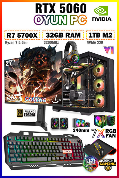 Zeiron Warrior Eagle X55 Ryzen 7 5700X 32GB 1TB M.2 SSD RTX5060 27" 240Hz Sıvı Soğutmalı Oyuncu Bilgisayar