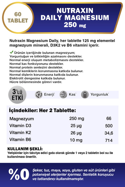 Nutraxin Magnezyum Daily Energy 250 Mg 60 Tablet - Magnesium, D3, K2, B6