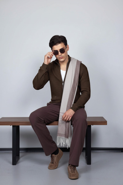 ablukaonline Ανδρική ζακέτα με φερμουάρ εφαρμοστό ψηλός λαιμός καφέ