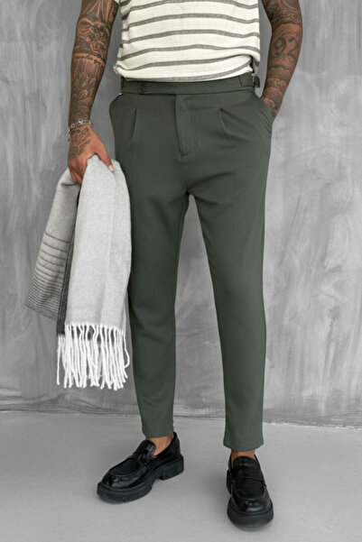 ablukaonline Men's Adjustable Buckle Pleated Fabric Trousers Khaki