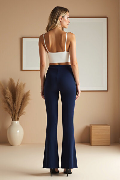 DARK SEER Ds Lina Navy Blue Spanish Leg Trousers Are Relaxed Fit, High Waist, Shaping / Sculpting and Flexible