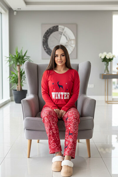 Pijamaevi Red Deer Winter Patterned Thermal Women's Pajama Set