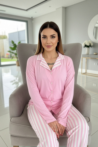 Pijamaevi Dámská pyžama s dlouhým rukávem s dlouhým rukávem v pudrově růžové linii vzorovaného bambusu